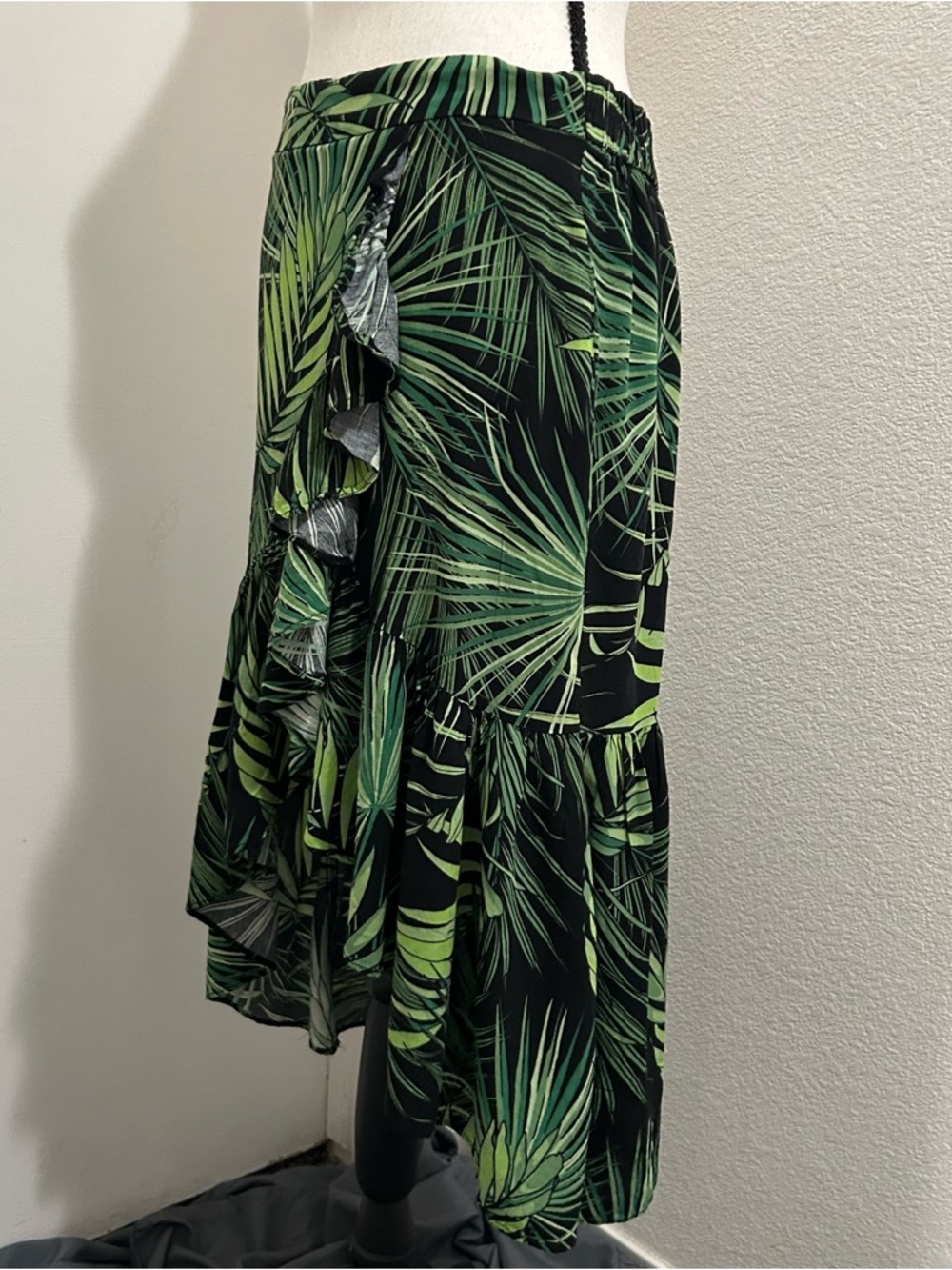 Milk & Honey Tropical Palm Print Ruffle Faux Wrap High-Low Maxi Skirt Size L - Picture 7 of 7